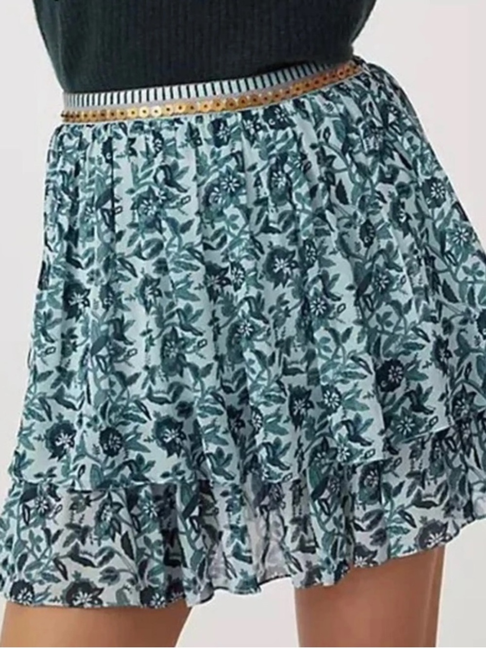 Anthropologie Teal Floral Tiered Mini Skirt